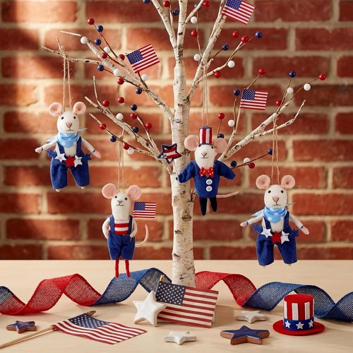 Hahafelt 4 Pcs 4th of July Felt Mice Ornaments - Cute Handmade Patriotic Wool Mice Set | 3.94 Inch