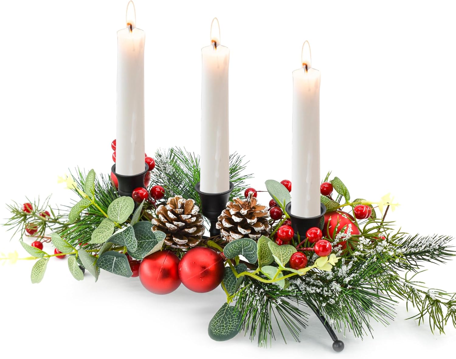 MrMrKura Christmas Tabletop Centerpiece - 3 Candle Holders with Pine Cones & Red Berries for Dining Room Decor