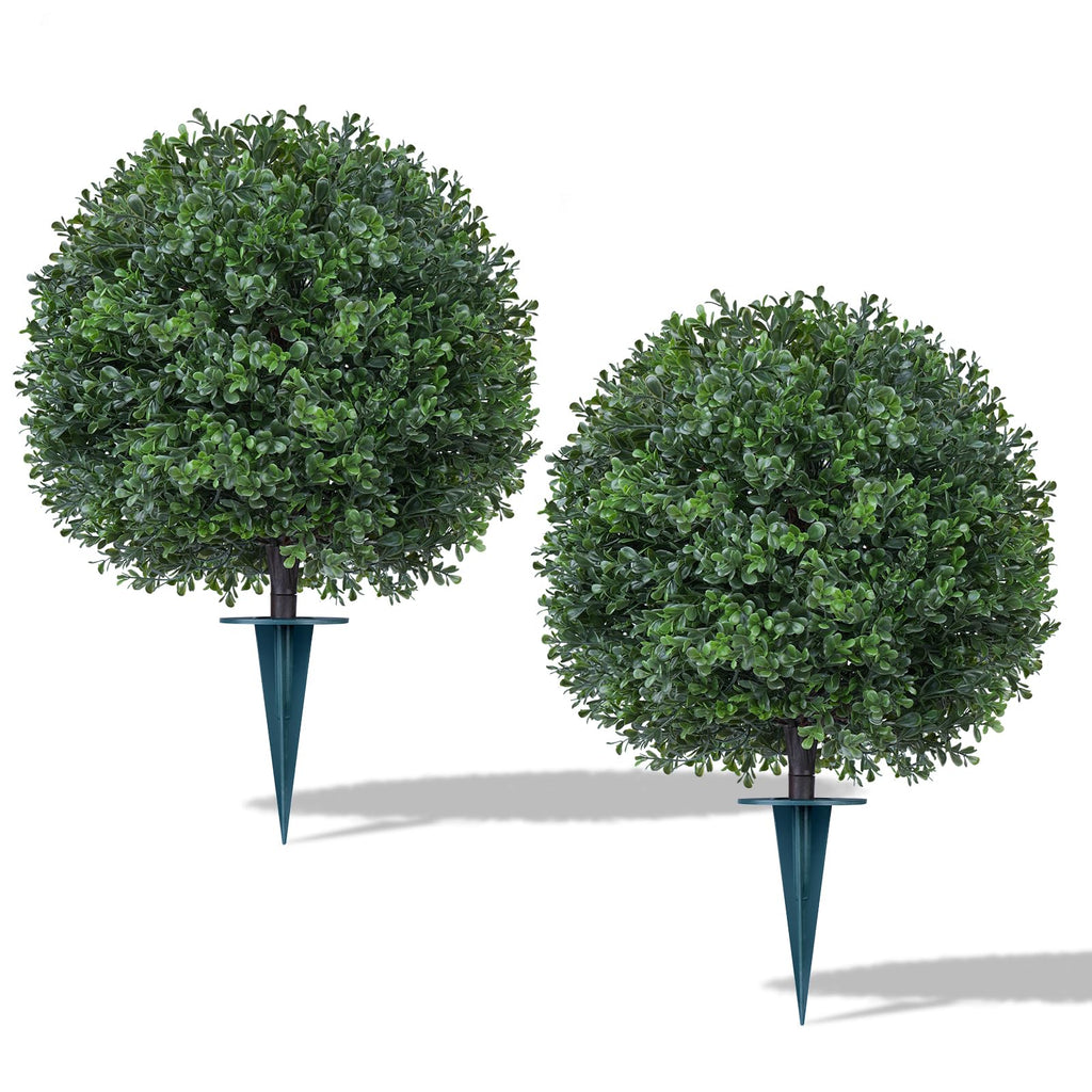 EverNature 2Pack Artificial Boxwood Topiary Ball Trees,16''UV Resistant Fake Evergreen Shrubs Bushes Plants with Ground Spike, Fake Plants for Outdoor Indoor Front Porch Garden