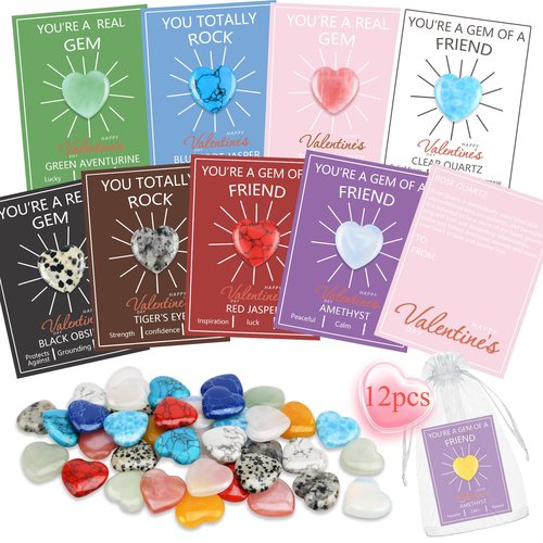 12 Pack Valentine’s Day Gifts for Kids, Valentine’s Day Cards with Heart-Shaped Crystal Gemstones for School Classroom Exchange, Valentine Party Favors&Goody Bag Fillers for Girls and Boys Ages 4–12