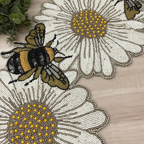Handmade Beaded Table Runner - Bee on Flower Design, Vibrant Spring-Themed Beaded Runner, 13x36 Inches