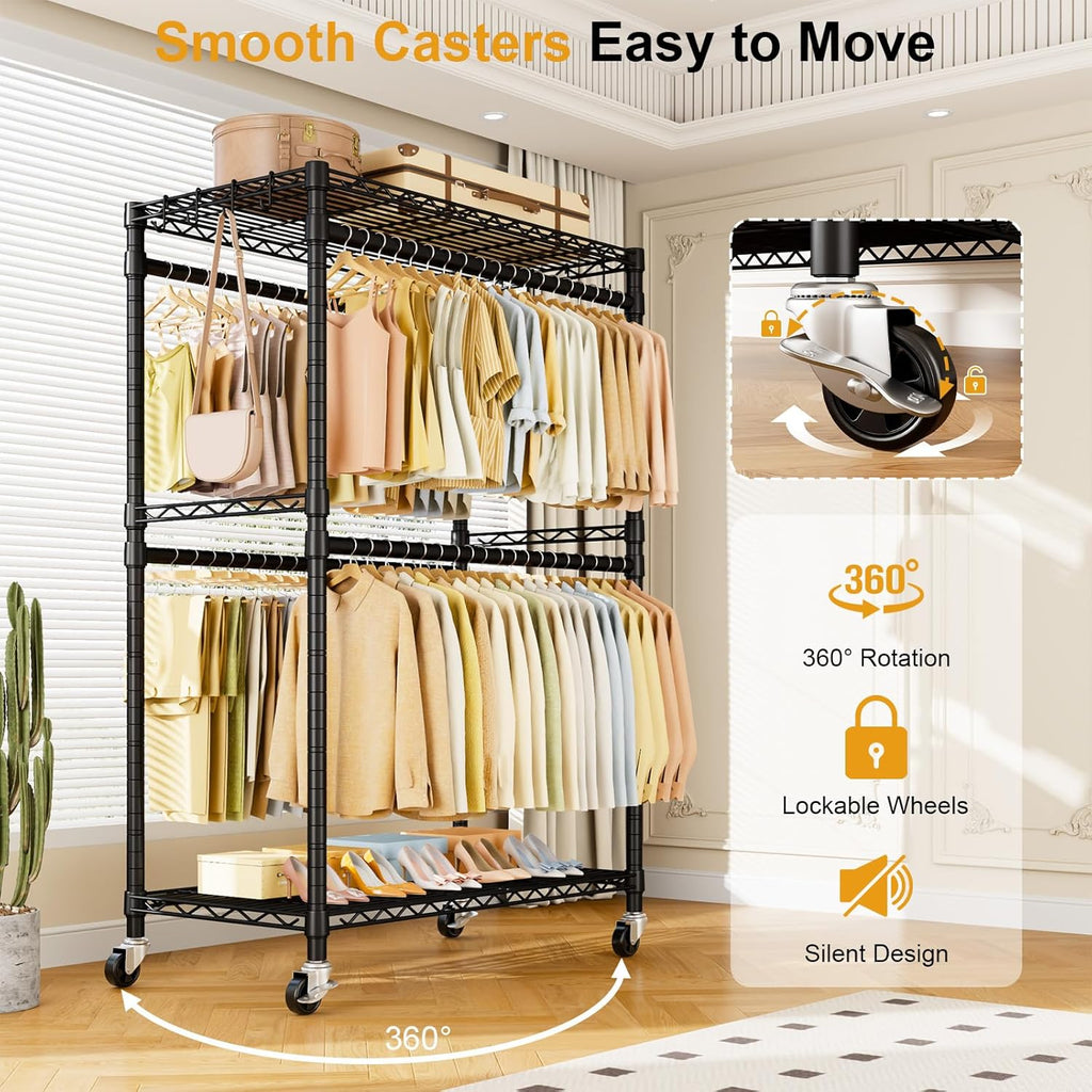 ULIFHOME Heavy Duty Rolling Clothes Rack - Portable Free Standing Garment Rack with Wheels, Black 45"W × 20.5"D × 80.5"H, Max Load 570 lbs