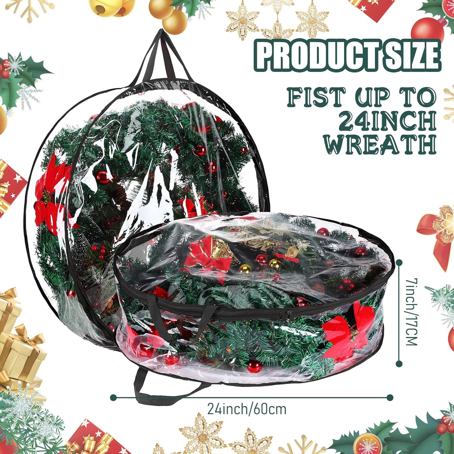 Shappy Christmas Wreath Storage Bag - 24-Inch Clear Container with Dual Zippers & Reinforced Handles | Black