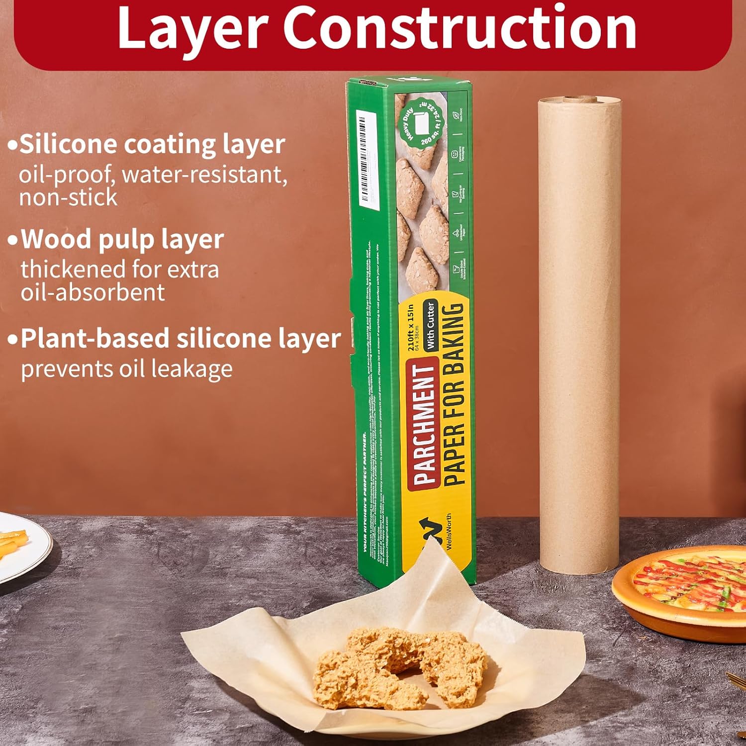 Unbleached Parchment Paper Roll - 15 In x 210 Ft Non-Stick Baking Paper | Heat Resistant & Food Grade
