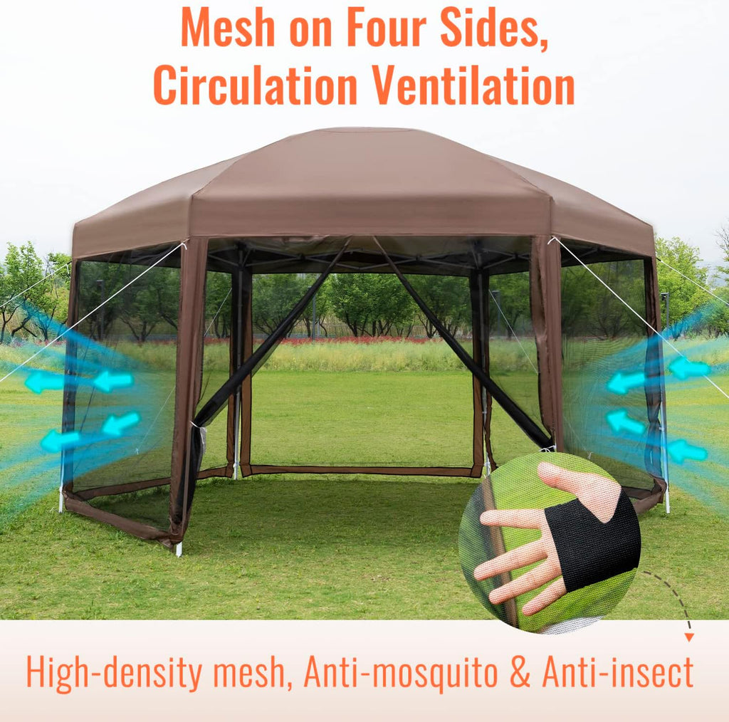 PayLessHere 13x13ft Hexagonal Gazebo Tent - Waterproof Pop-Up Screen House with Mosquito Netting | Portable & Adjustable Height for Outdoor Use, Brown