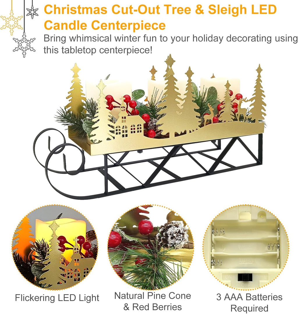 Skiennix Christmas Sleigh Table Centerpiece - Gold Cut-Out Tree LED Candle Holder with Timer | Holiday Decor