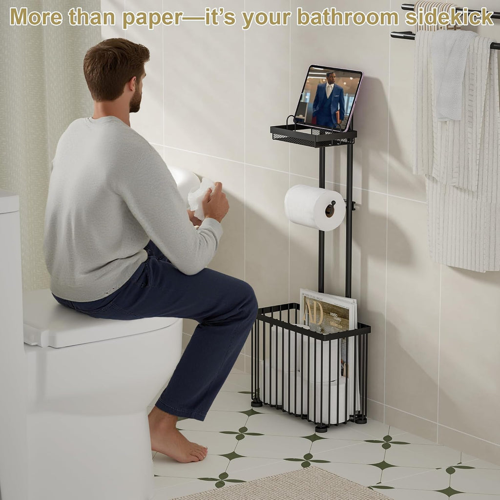 X-cosrack Toilet Paper Holder - Freestanding Tissue Rack with Storage Shelf for Bathroom | Black