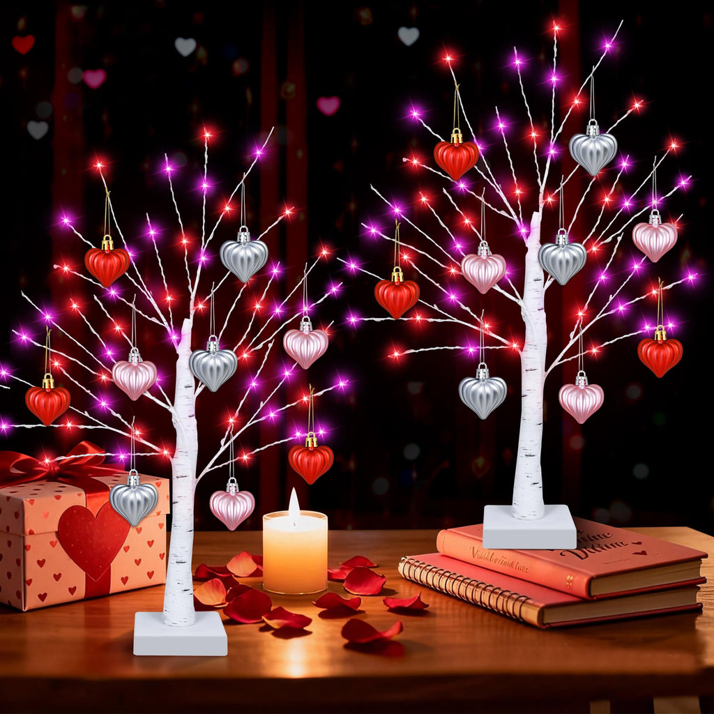 [Timer] Valentines Day Decorations Indoor 2 Pack 24 Inch Valentines Tree with 65 Red & Pink Lights 18 Hearts, USB & Battery Operated Valentines Decor, Valentines Day Decorations for Home Table Bedroom