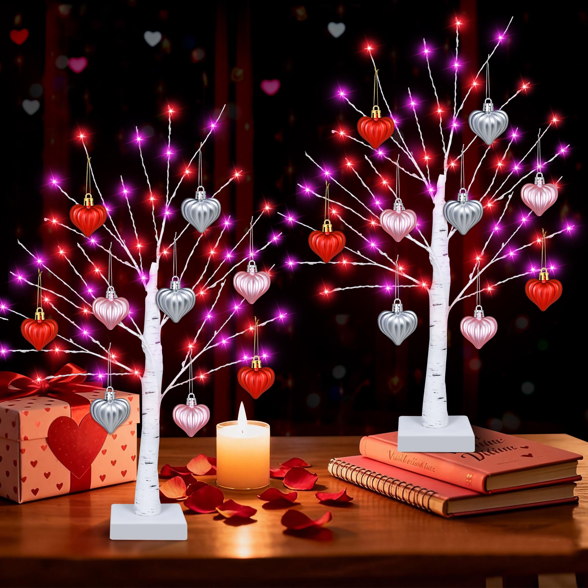 [Timer] Valentines Day Decorations Indoor 2 Pack 24 Inch Valentines Tree with 65 Red & Pink Lights 18 Hearts, USB & Battery Operated Valentines Decor, Valentines Day Decorations for Home Table Bedroom