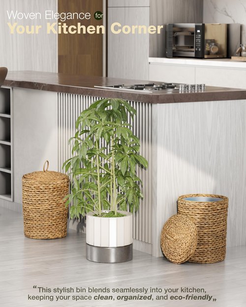 BLUEWEST 3 Gallons Wicker Trash Can with Lid,Handwoven Rattan Trash Can, Woven Decorative Wastebasket, Wicker Waste Basket with Removable Plastic Inner Bin for Bathroom, Bedroom, Office, or Kitchen