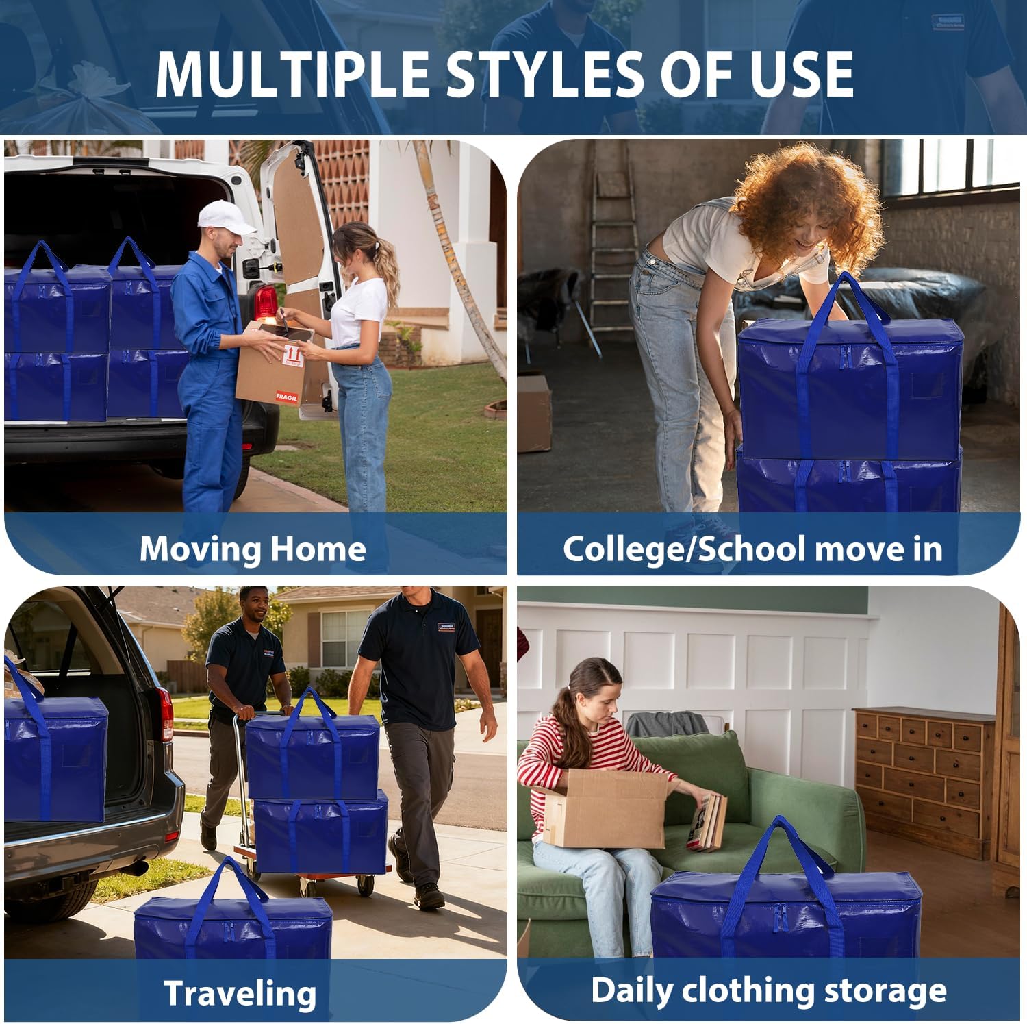 Skiennix Heavy Duty Moving Bags - Extra Large Waterproof Storage Totes with Handles & Zippers | 6 Pack (Blue)