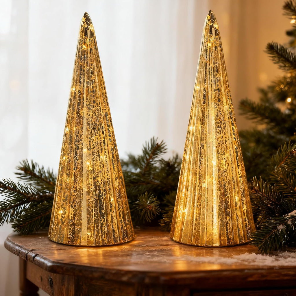 Regine Switzerland Mercury Glass Christmas Trees - Set of 2 Silver LED Figurines for Indoor Decor