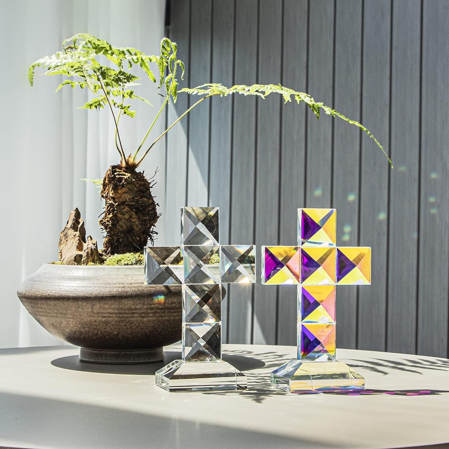 QFkris Crystal Standing Cross | Clear 5'' Tall Glass Figurine - Elegant Christian Tabletop Decor