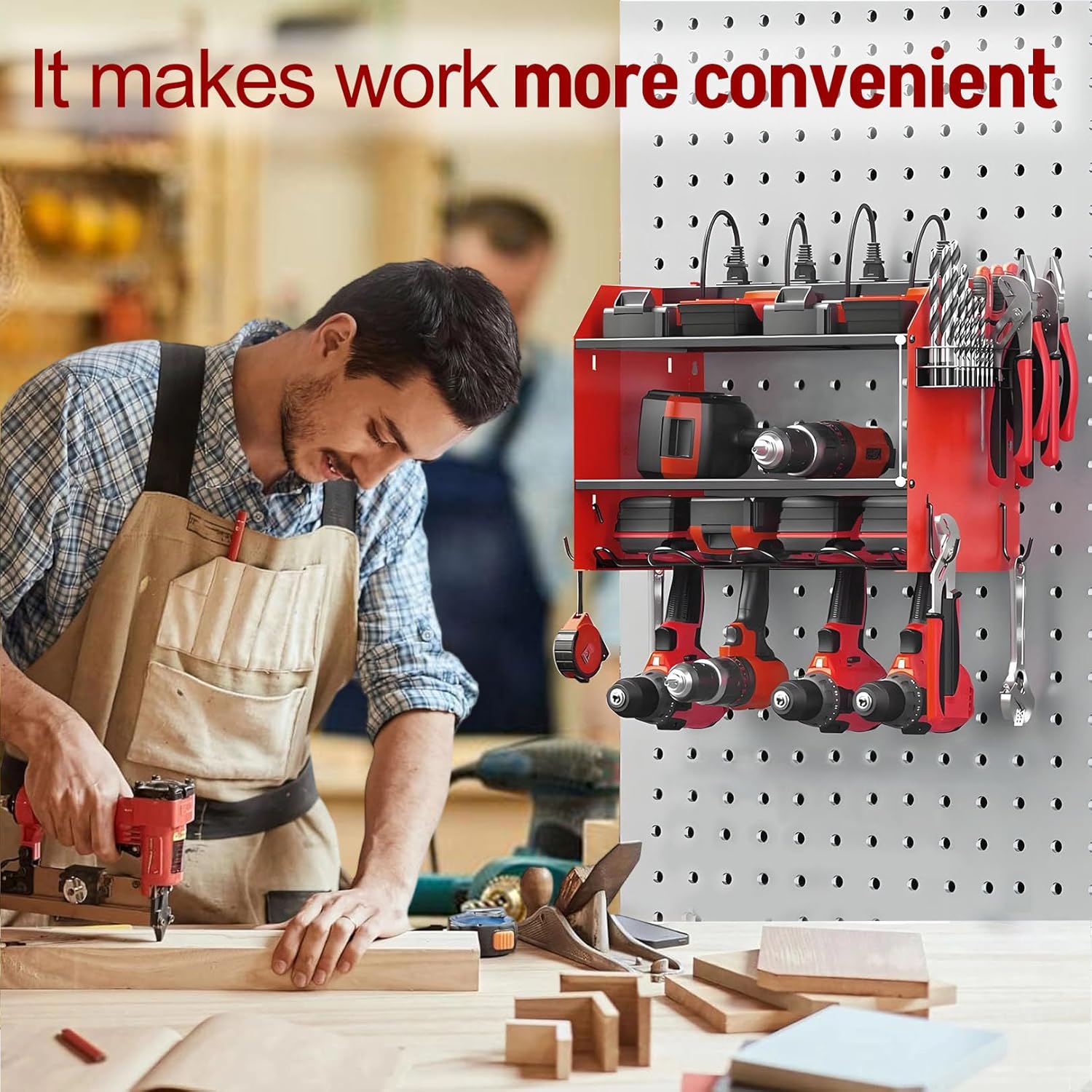Power Tool Organizer - Heavy Duty Wall Mount Storage Rack with Charging Station | 3 Layers, 4 Drill Holders