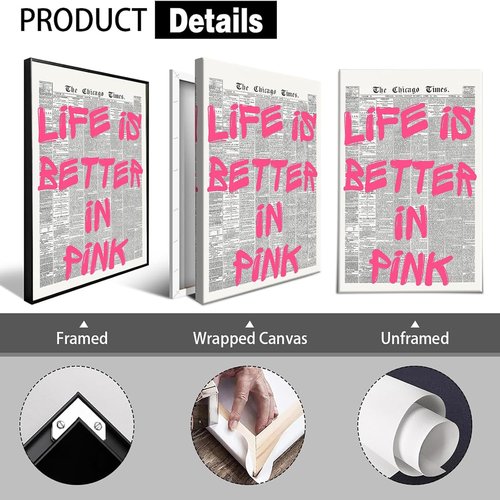 Life Is Better In Pink Canvas Poster - Retro Newspaper Design | Positive Affirmation Art 12x16in Unframed