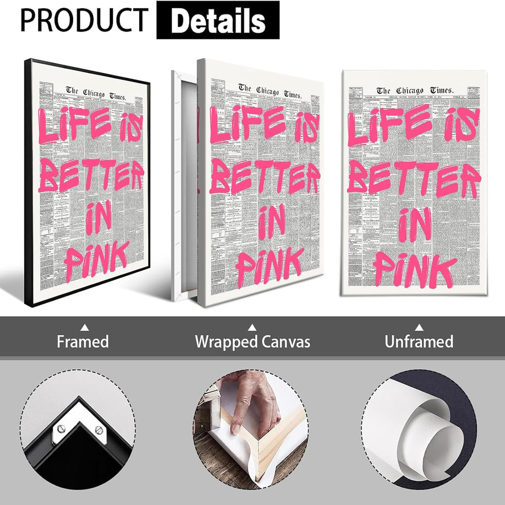 Skiennix Pink Wall Art - Retro Newspaper Canvas Poster with Positive Quote | Minimalist 16x24in Decor
