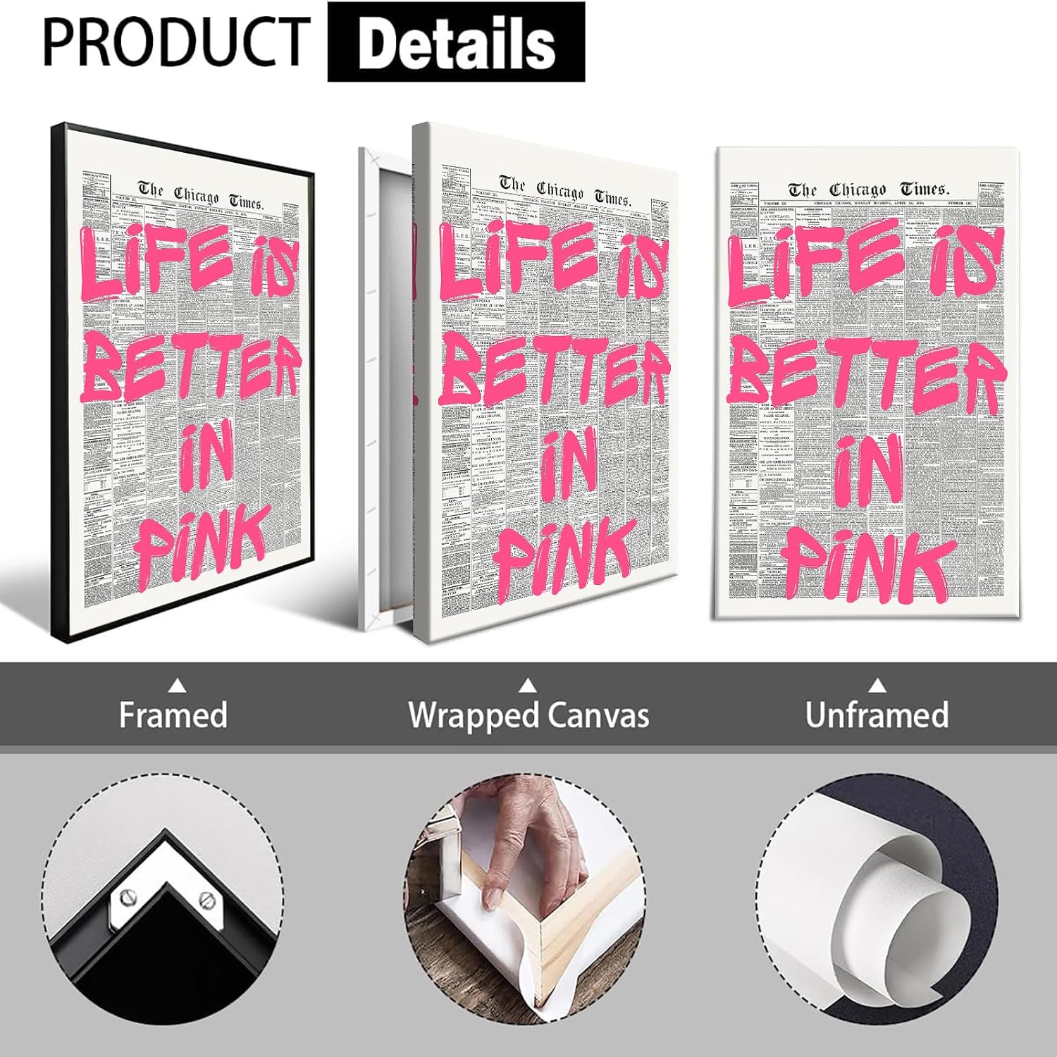 Skiennix Pink Wall Art - Retro Newspaper Canvas Poster with Positive Quote | Minimalist 16x24in Decor