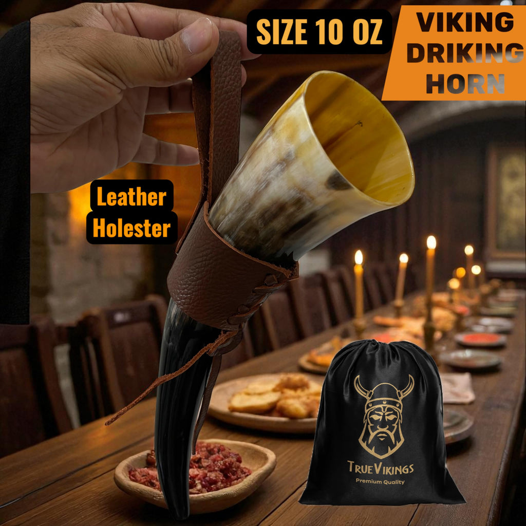 Drinking Horn — 10-12 Inch Viking Gifts for Men & Women | With Thor Bottle Opener & Stand | Handmade & Real Ox Horns | Norse Viking Cup Perfect For Beer, Ale, Mead (12 Oz) (Natural Polished)