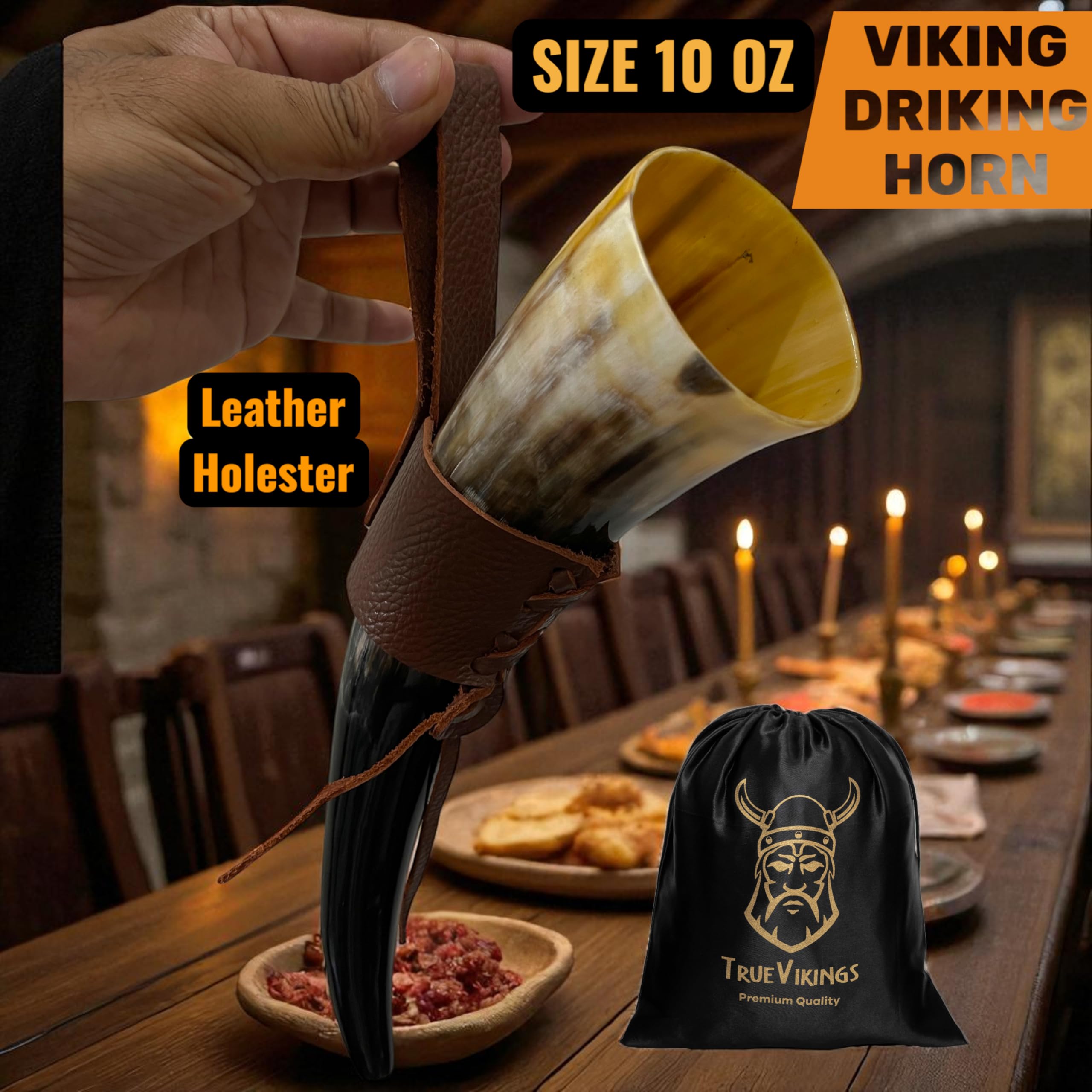 Drinking Horn — 10-12 Inch Viking Gifts for Men & Women | With Thor Bottle Opener & Stand | Handmade & Real Ox Horns | Norse Viking Cup Perfect For Beer, Ale, Mead (12 Oz) (Natural Polished)