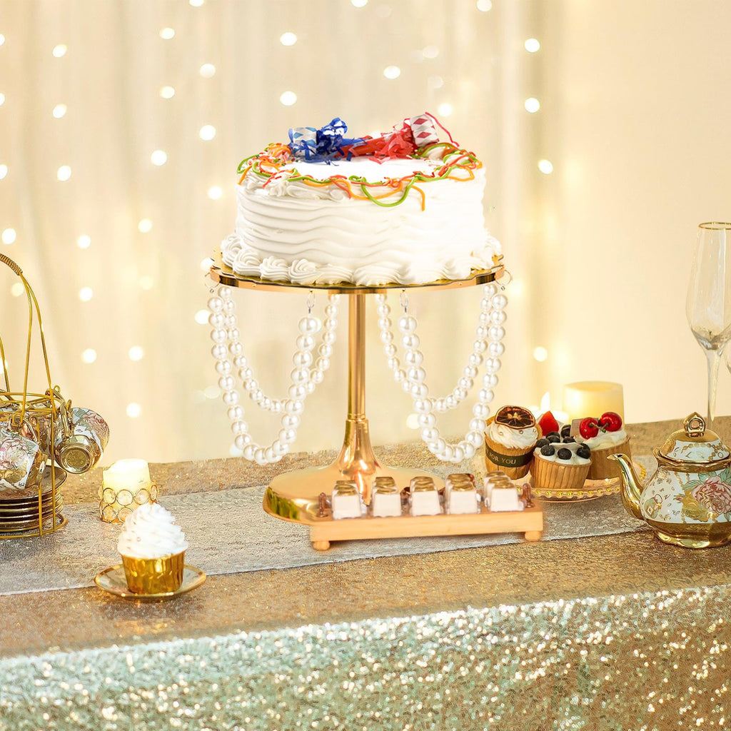 kolnlala Set of 6 Gold Round Pearl Cake Stand, Dessert Table Metal Cake Display Stand Set with Pearl Pendant Wedding Birthday Cake Base Stand for Wedding Anniversary Birthday Party Celebration