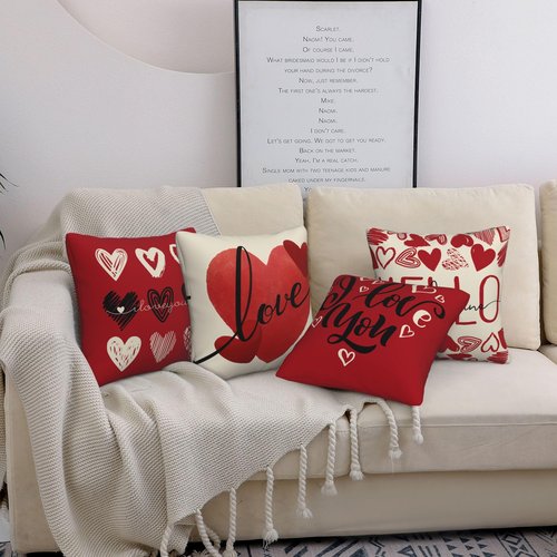 AGAXOZW Valentine's Day Throw Pillow Covers Set of 4, 18x18 Inches Love Heart Pillow Covers Home Décor for Sofa Couch Bedroom Valentines Day Decorations