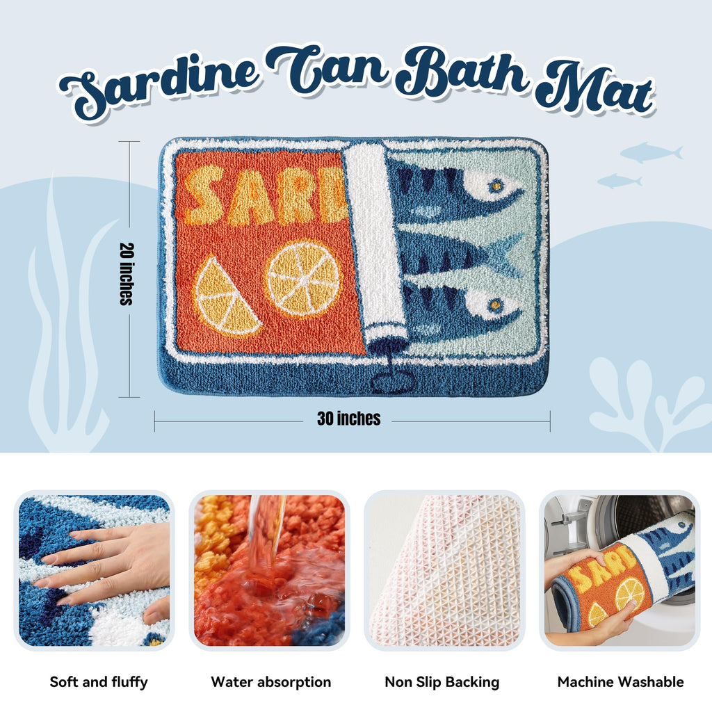 TRUEDAYS Sardine Can Bath Mat, Blue Bathroom Rugs for Bedroom, Soft Washable Rug Non Slip Cute Kitchen Bath Mats for Bathroom Funny Cartoon Fish and Lemon