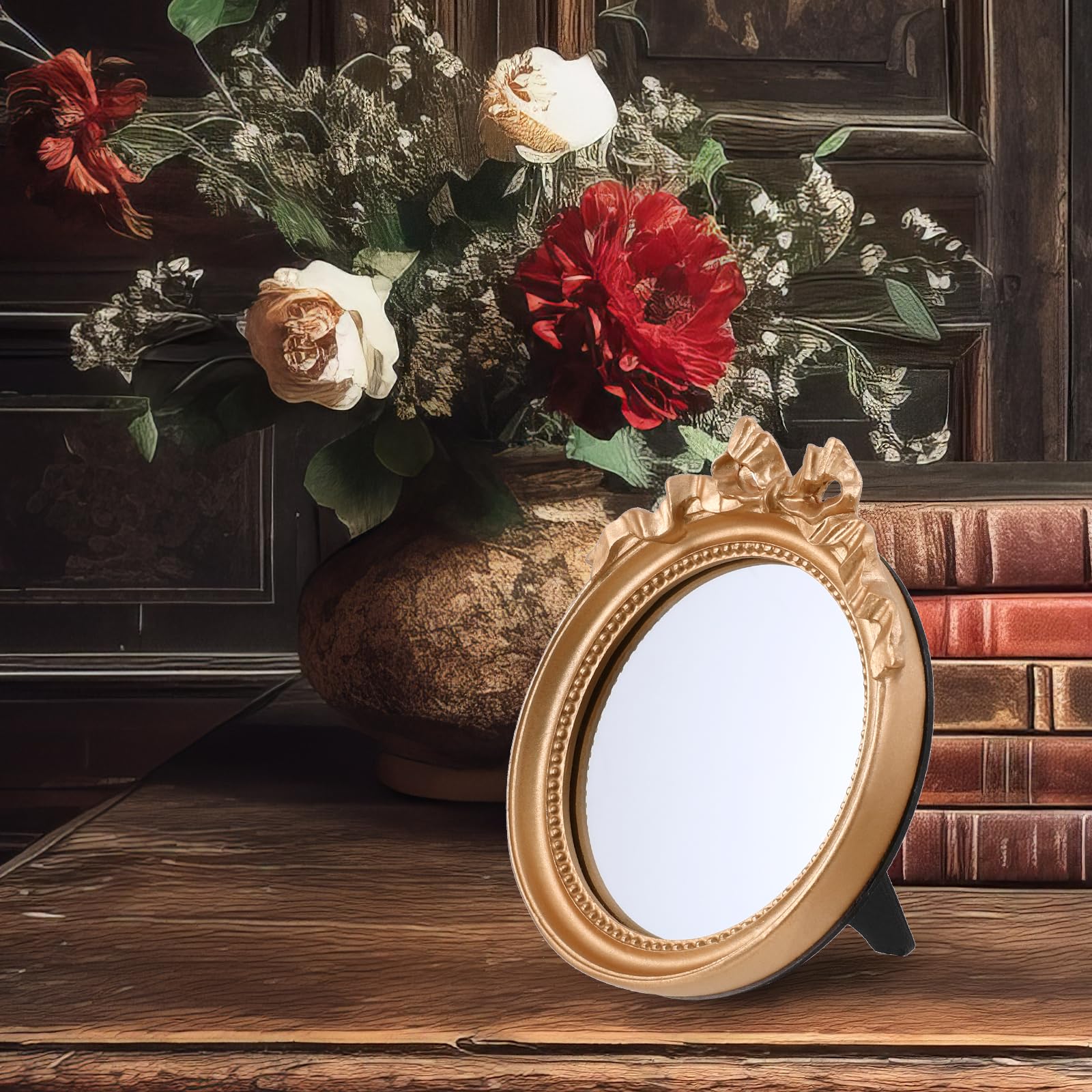 Small Wall Mirror 4.2'' Gold Vintage Makeup Desk Mirror Traditional Roundness Table Mirror Antique Mirror with Resin Frame Decorative Hanging Mirror for Bedroom Bathroom Tabletop Wall