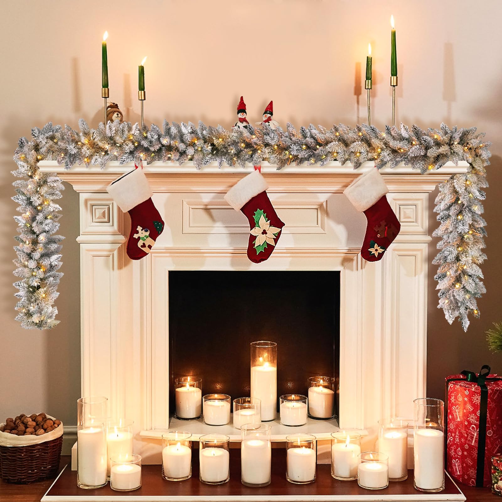 KOIUEYW Flocked Garland with Lights,9FT Battery-Powered Pre-Lit Christmas Garland, Glittered Artificial Christmas Garland with Warm LEDs for Mantle Home Fireplace Stairs Party Decoration