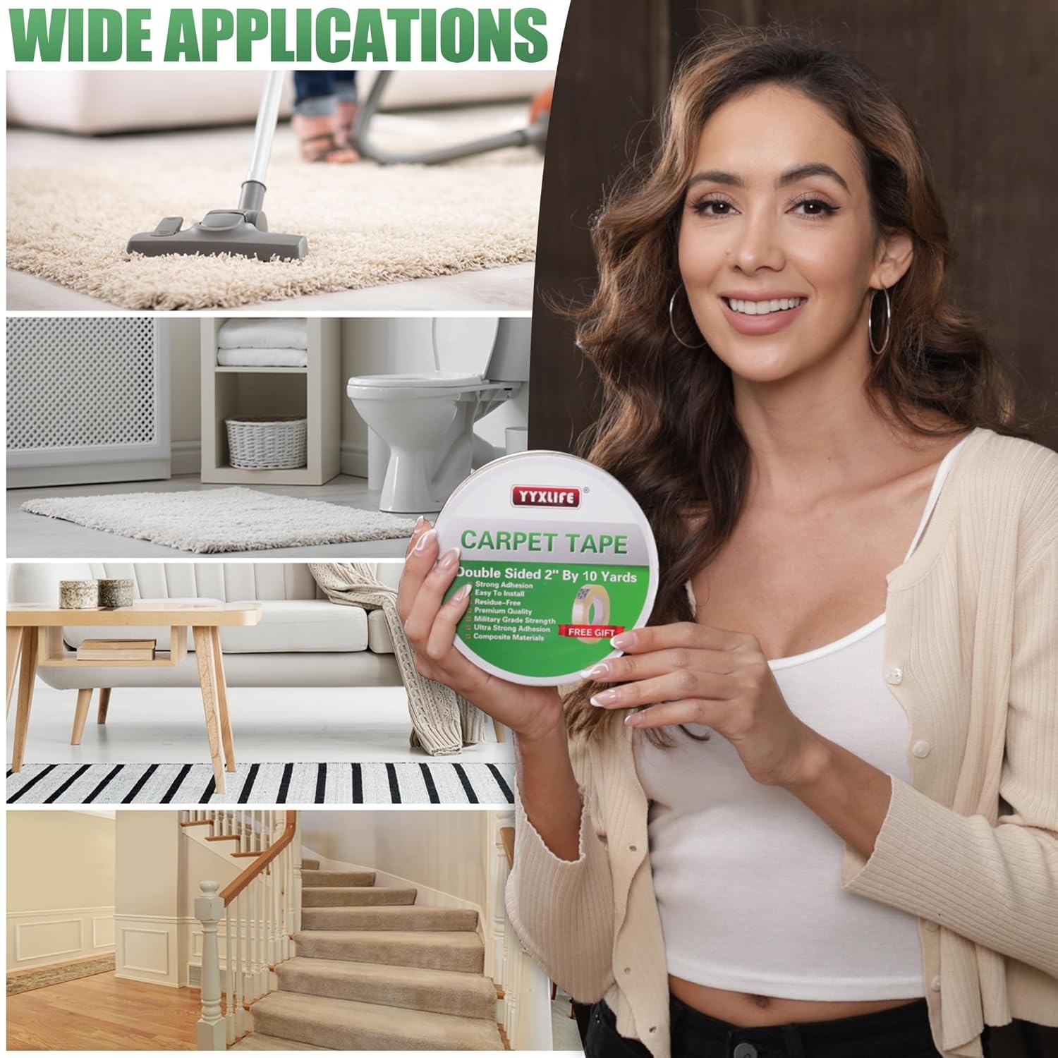 YYXLIFE Double-Sided Rug Tape | Strong Adhesive for Hardwood Floors - Non-Slip, No Residue, 2" x 10 Yards, White