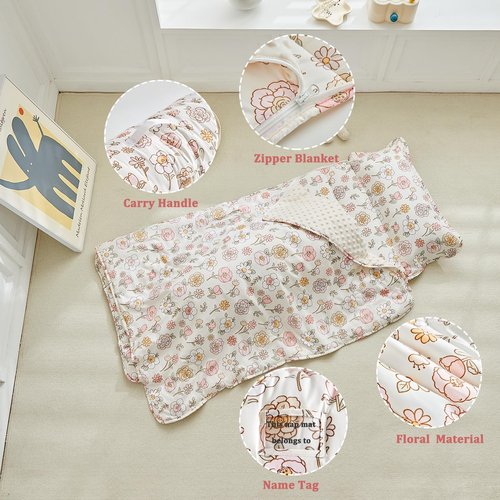 Floral Toddler Nap Mat with Zipper,Detachable Minky Blanket and Removable Pillow,Soft Slumber Bags for Girls,Kids Sleeping Bag for Daycare Preschool Kindergarten,Flower Toddler Sleeping Mat - Pink