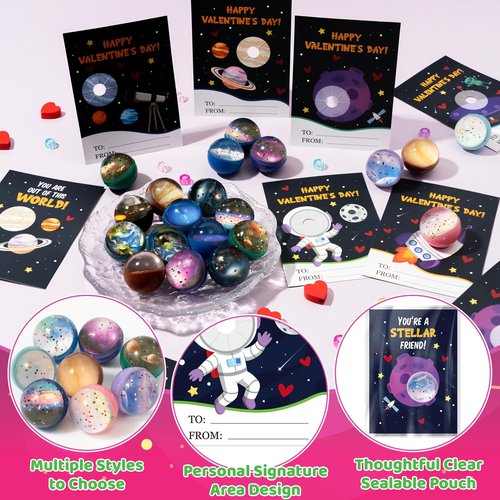 TICIAGA Valentine’s Day Space Exchange Gift - 24 Pack Galaxy Astronaut Greeting Card with Space Bounce Ball and Bag Bulk for Kid, Planet Galaxy Fidget Toy for Valentine Goodie Bag Stuffers Party Favor
