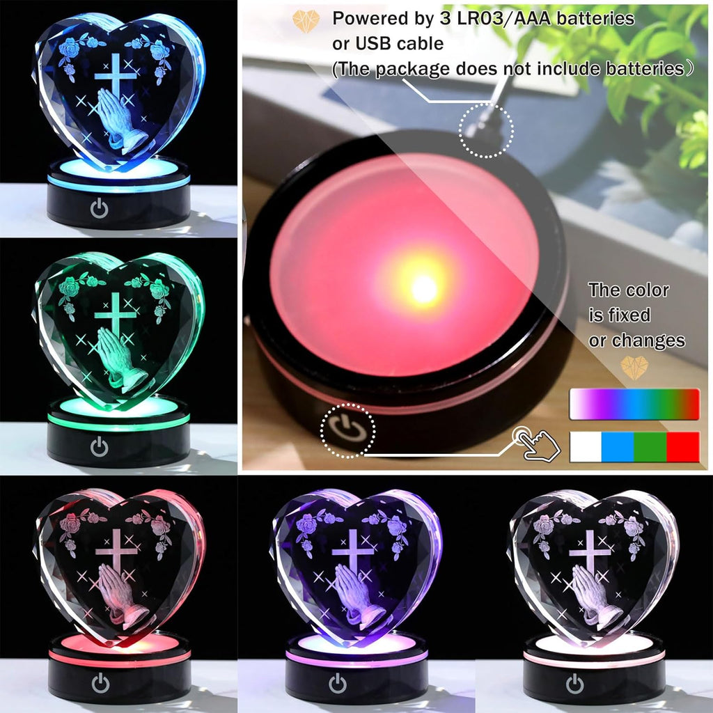 Ornalrist Crystal Heart 3D Praying Hands | Colorful LED Base Night Light Gift for Men & Women