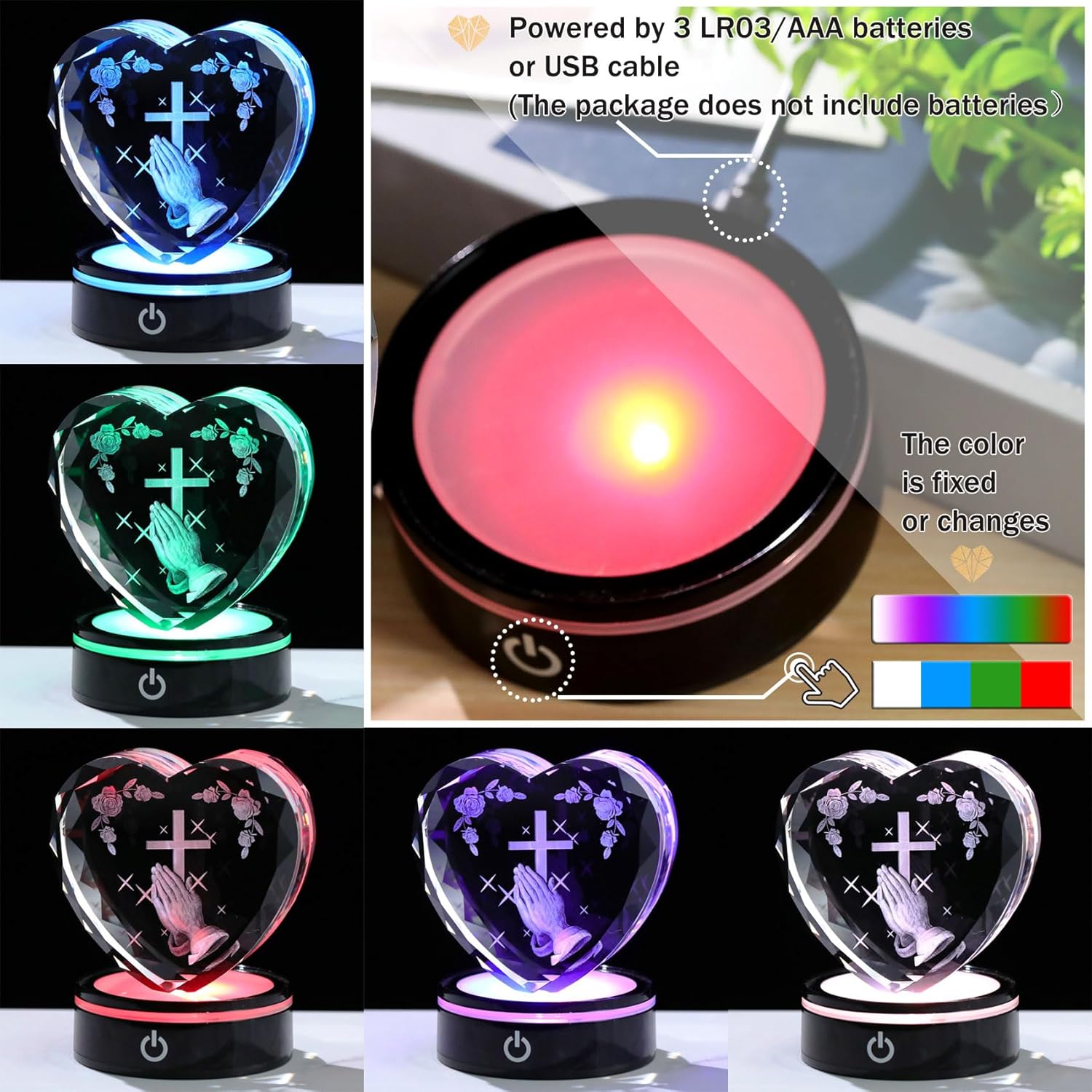 Ornalrist Crystal Heart 3D Praying Hands | Colorful LED Base Night Light Gift for Men & Women