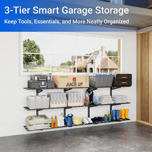 FLEXIMOUNTS 3-Tier Garage Storage Wall Shelving - Heavy Duty, Adjustable, 600lbs Capacity | Black, 12x48 Inch