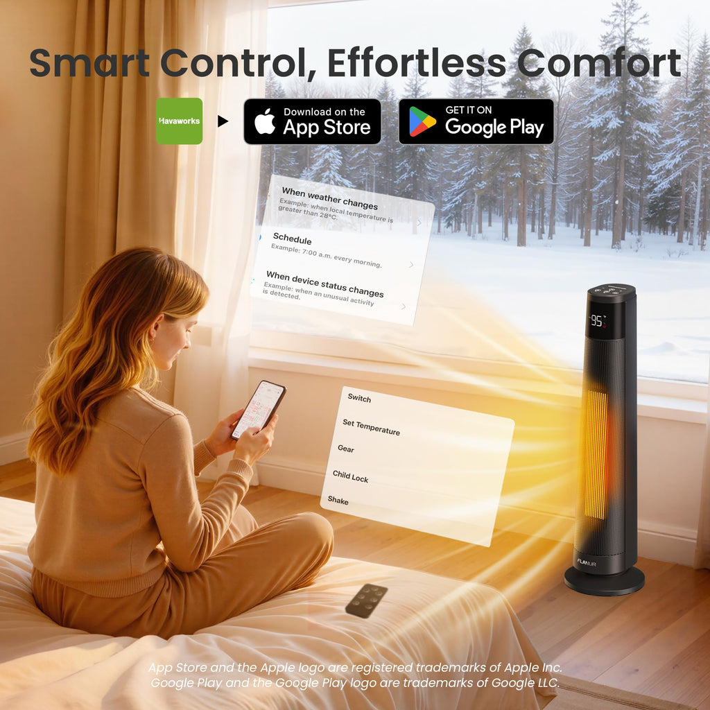 FLANUR 1500W Space Heaters for Indoor Use Large Room, WIFI Electric Heater with Voice Control, 5 Modes, ECO Thermostat, 12H Timer, Quiet & Safety PTC Ceramic Heater for Bedroom, Black, 1 Pack