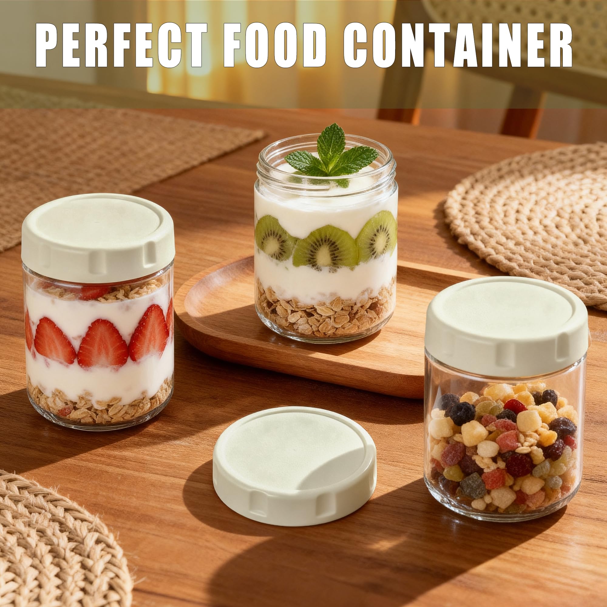 RYTSAS 6 Pack Glass Overnight Oats Jars with Airtight Lid, 16OZ Wide Mouth Mason Jars, Leak Proof Glass Food Storage Containers for Yogurt, Oats, Chia Pudding, Snacks, Spice, Sugar