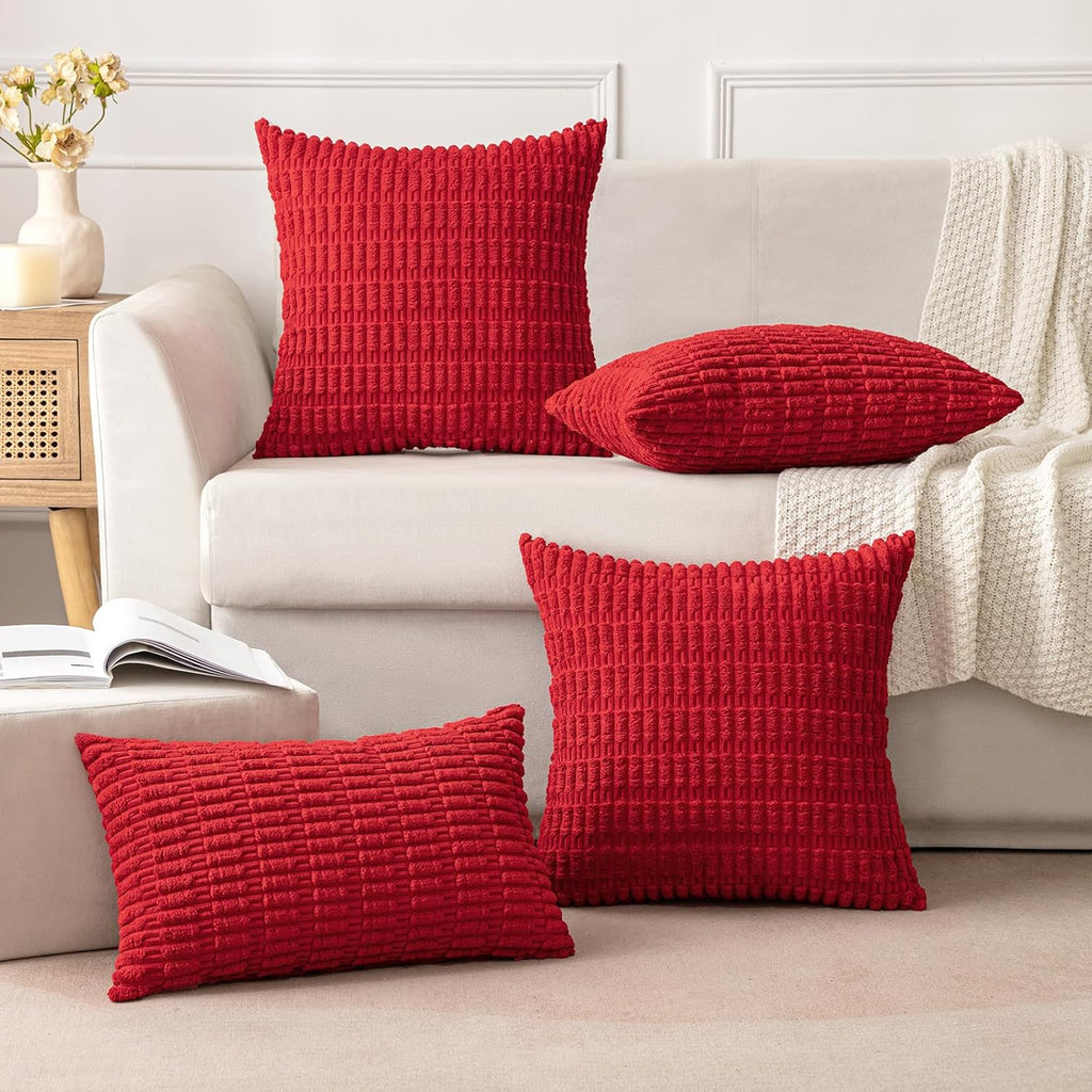 MIULEE Red Corduroy Decorative Pillow Covers - Soft Boho Striped 18x18 Inch for Modern Farmhouse Decor