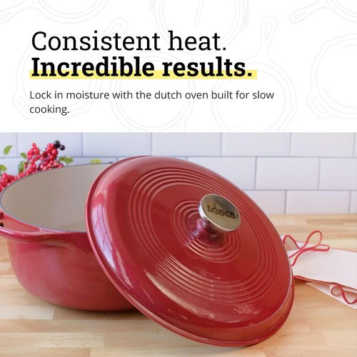 Lodge Enamel Cast Iron Dutch Oven - 6 Quart Moisture-Sealing Lid & Dual Handles - Ideal for Baking & Slow Cooking - Cranberry