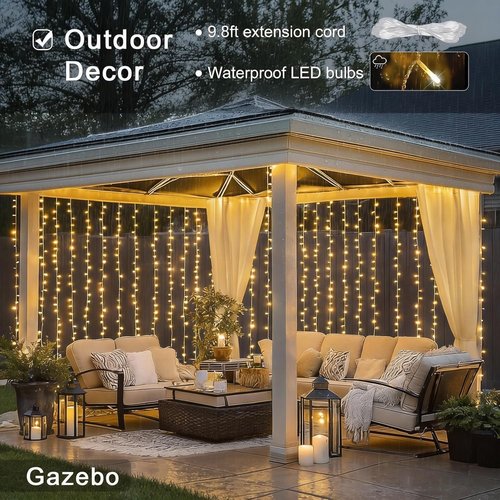 JMEXSUSS 900 LED Outdoor Curtain Lights - 9.5x29.5ft Twinkle String Lights with Remote for Wedding & Home Decor | Warm White