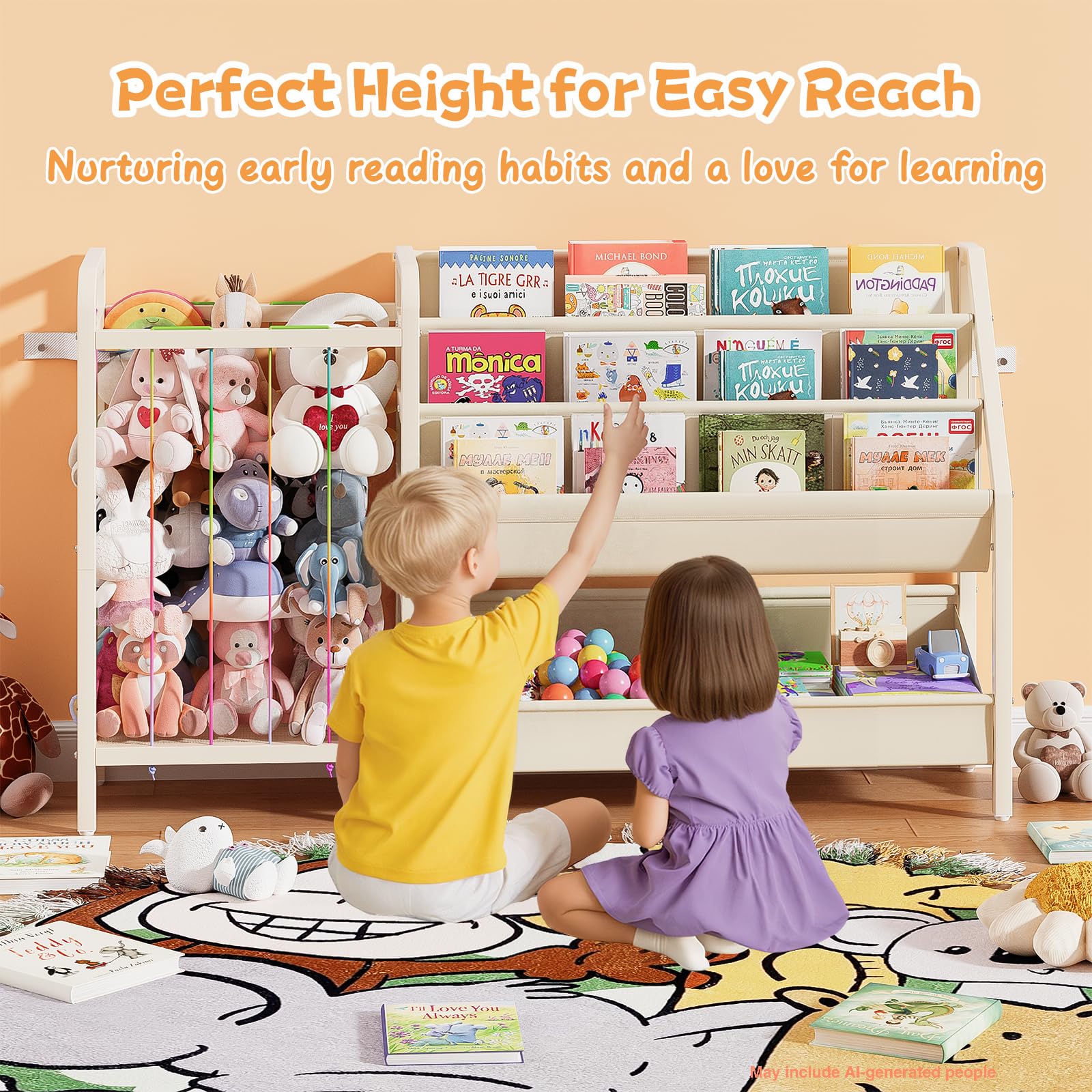 CYXPHION B5 Kids Bookshelf and Toy Storage, Book Shelf for Kids Rooms, Sling Toddler Book Shelves with Stuffed Animal Storage, Montessori Baby Bookcase for Nursery, Bedroom, Playroom, White