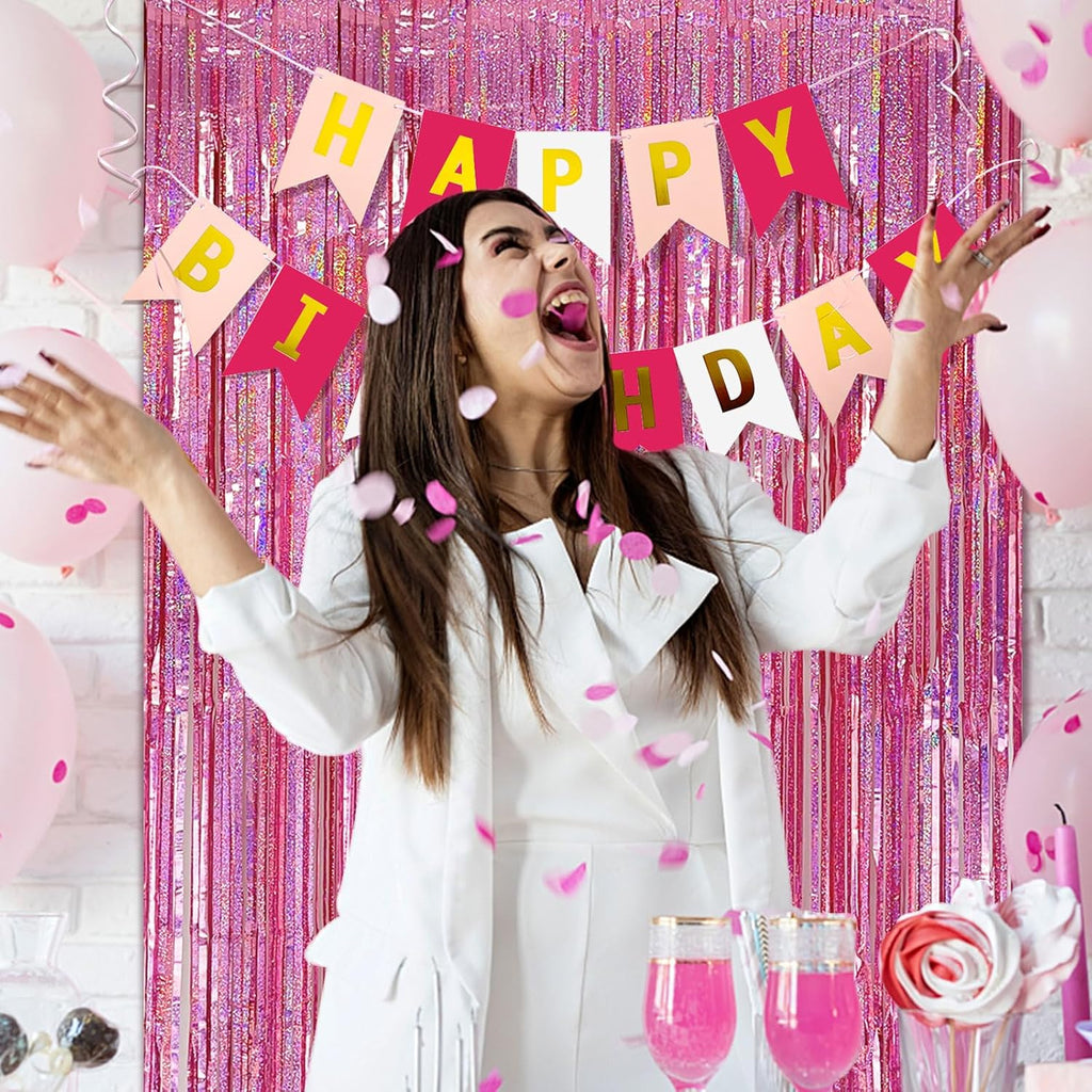 Skiennix 5 Pack Pink Tinsel Foil Fringe Curtains - Sparkly Backdrop for Valentine's & Birthday Celebrations