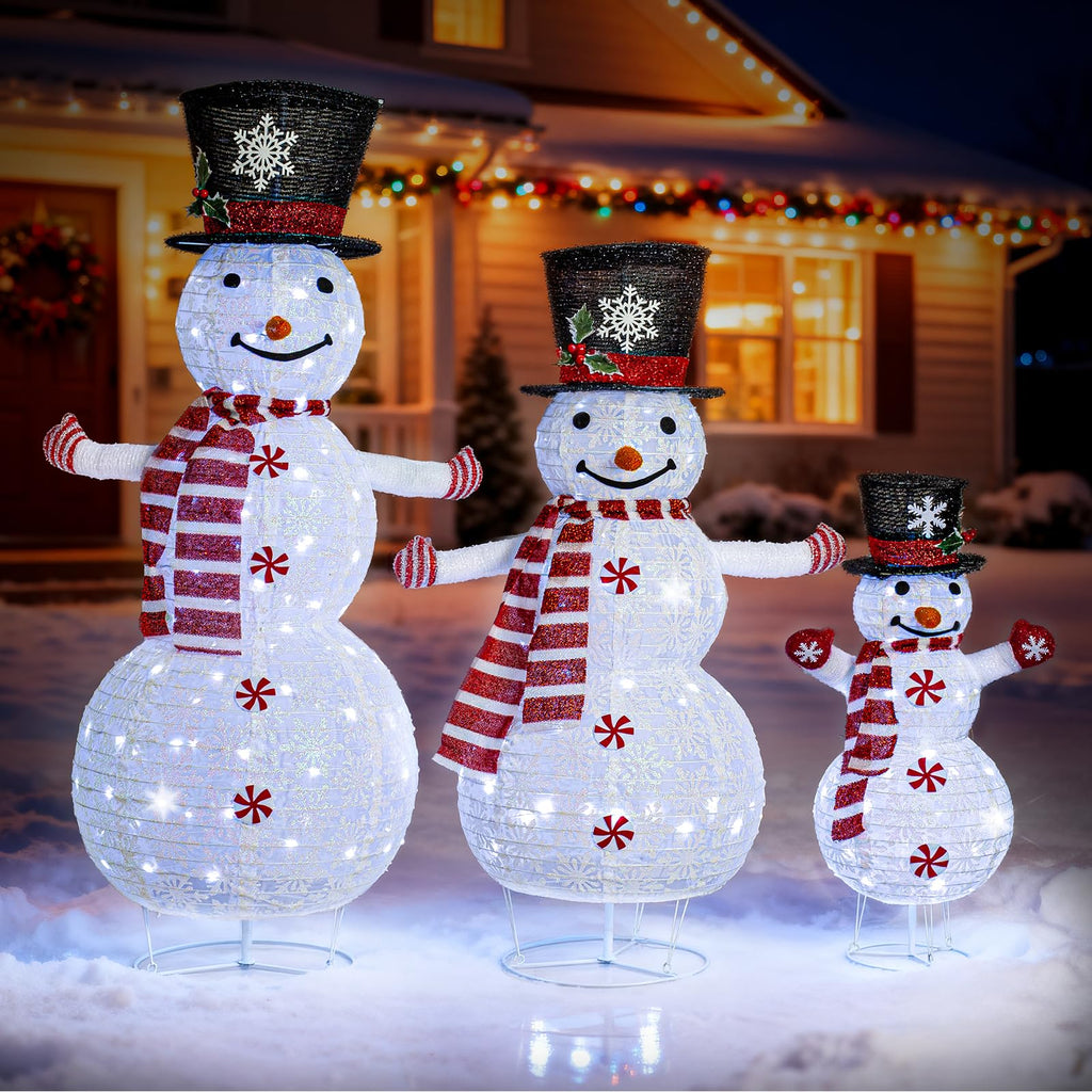 Zeravica Led Snowman Outdoor Decorations, 3PCS Cool White Lighted Snowman for Yard, Patio, Garden - Collapsible for Easy Storage Holiday Christmas Decor