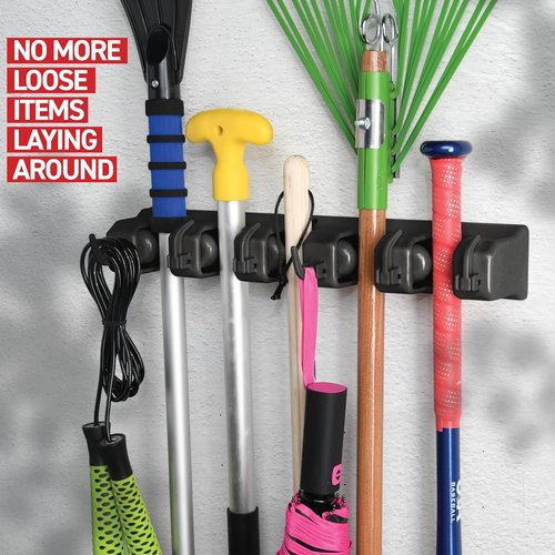 2 Pack Mop and Broom Holder by Home Organizers - Wall Mount Storage with 5 Slots & 6 Hooks - Ideal for Home, Kitchen, Laundry Room - Black