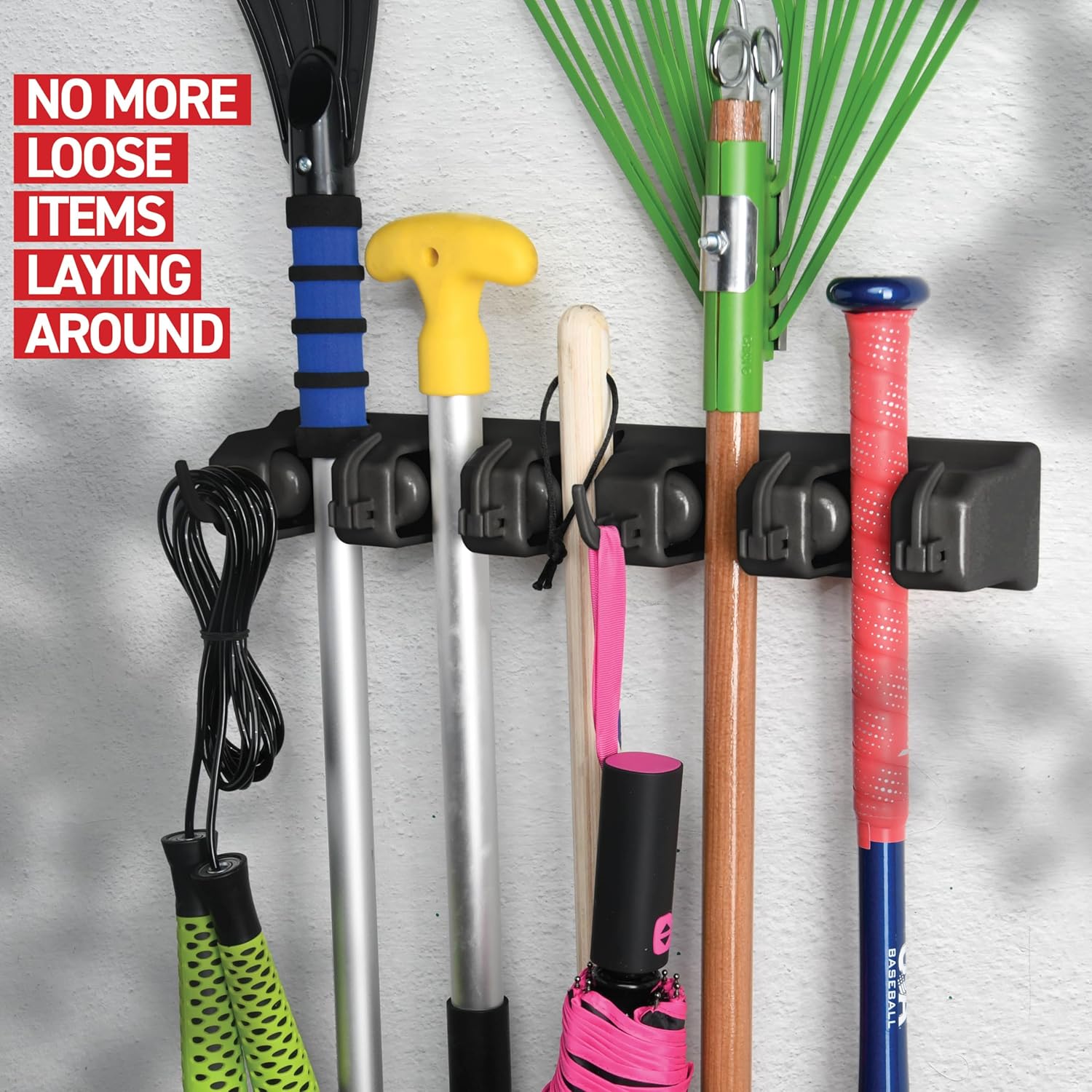 Skiennix Mop and Broom Holder Wall Mount - 5 Slots & 6 Hooks for Efficient Garage Storage | Black Organizer