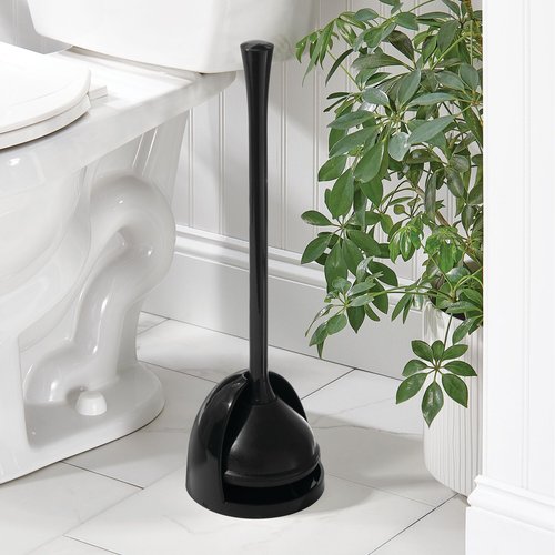 iDesign Compact Toilet Plunger with Holder for Bathroom Cleaning and Storage - Black