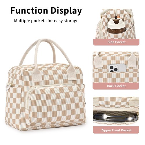 OYLOLA Lunch Bag Women Lunch Box for Women Adult Cute Insulated Lunch Bag Lager Cooler Lunch Tote Bags for Work Picnic (Beige-Brown Plaid)