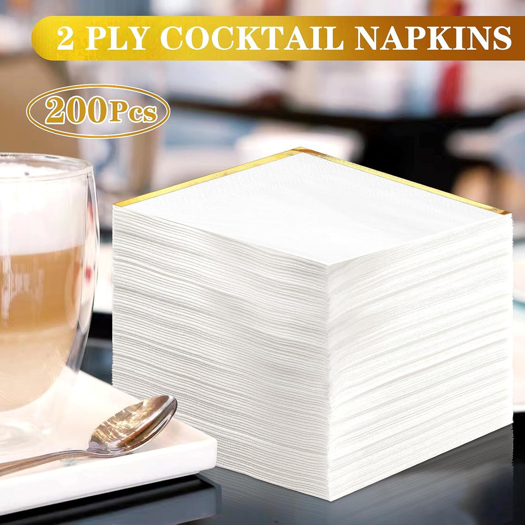 Skiennix 200 Pcs White Cocktail Napkins - Gold Trim Disposable Beverage Napkins for Events
