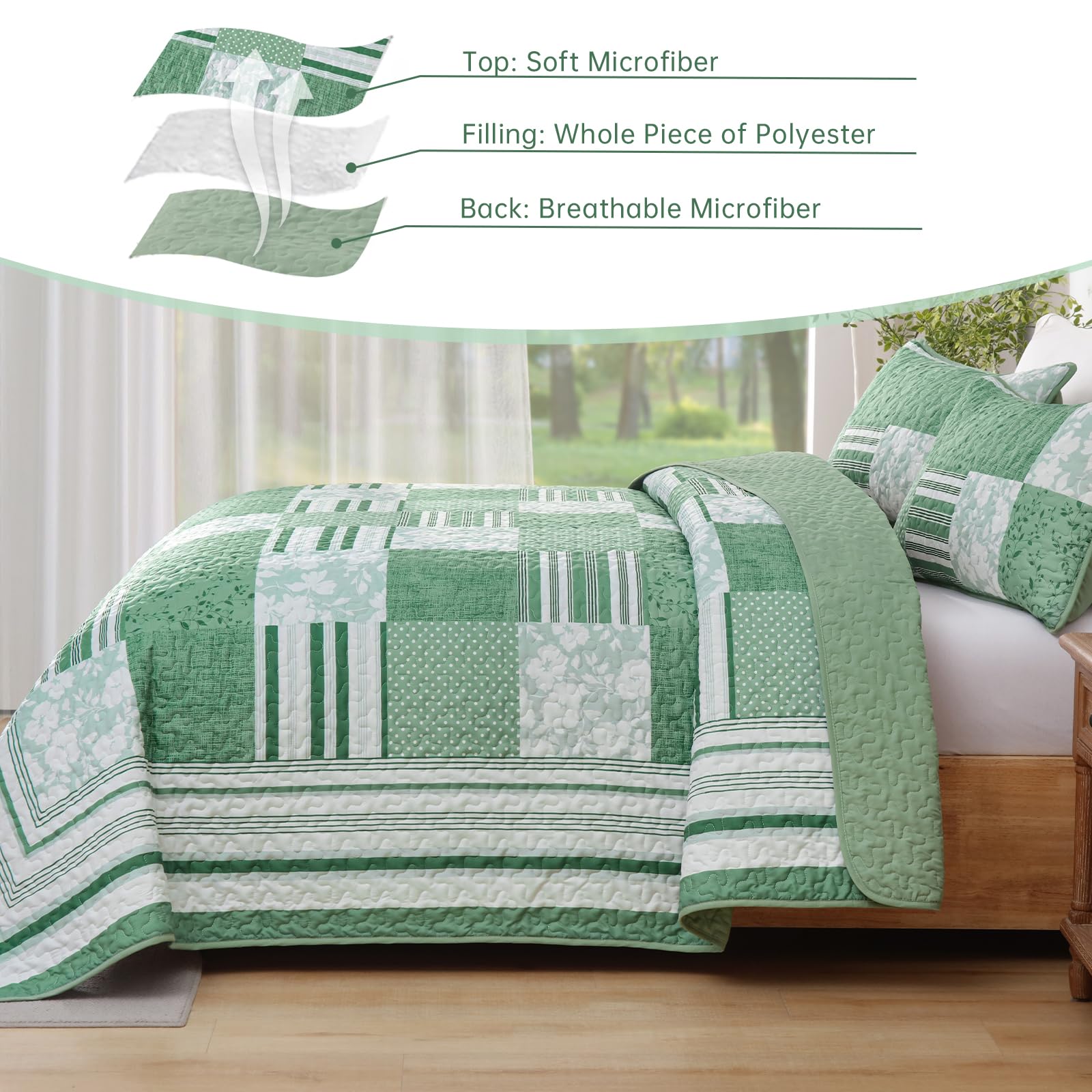 Drucon Green Patchwork Queen Quilt Bedding Set, Spring Summer Plaid Bedspreads, 3 Pieces Lightweight Soft Coverlet with 2 Pillow Shams for All Season 96x90 Inch