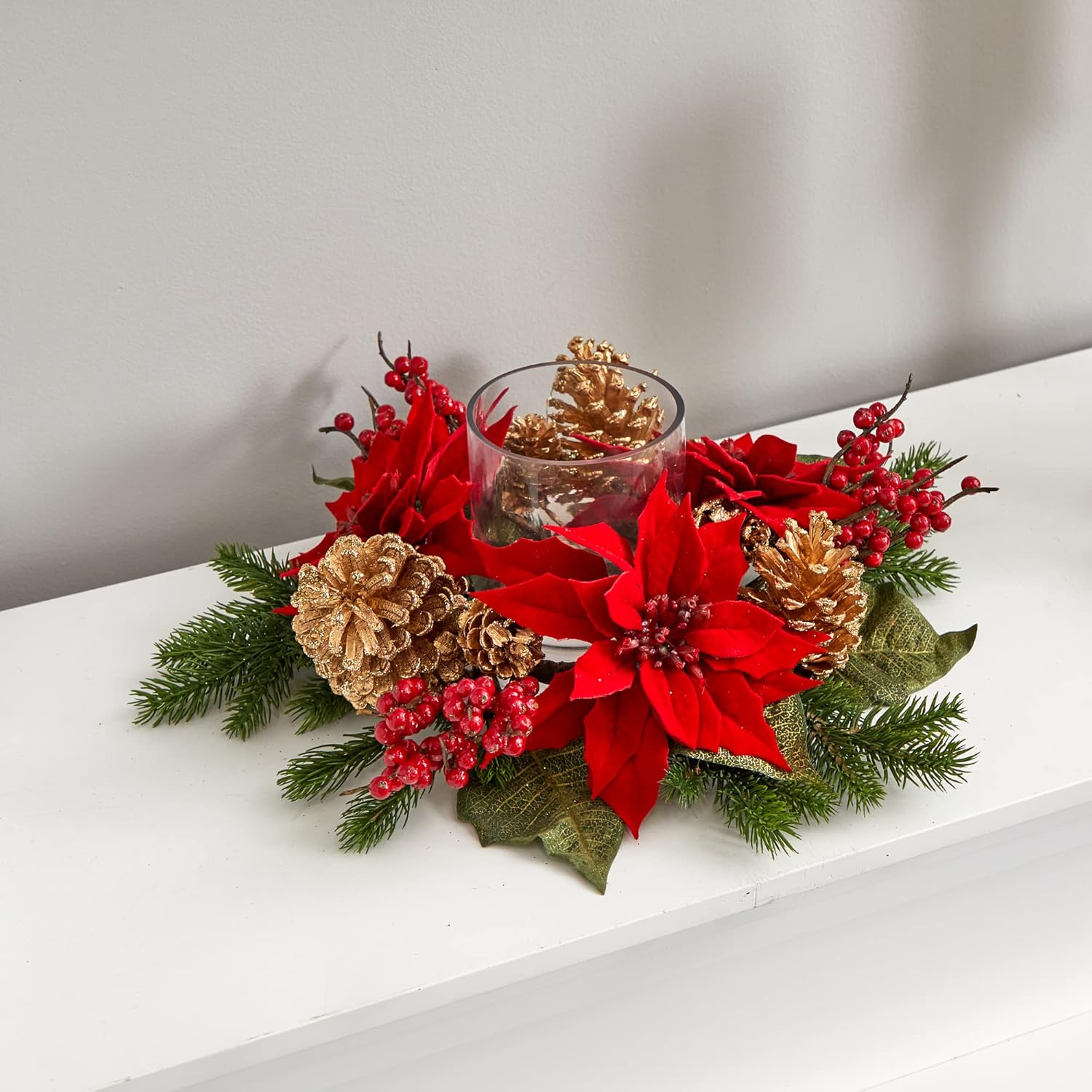 Nearly Natural Poinsettia Candelabrum - Red Berry & Golden Pine Cone Silk Arrangement | 14" H x 14" W