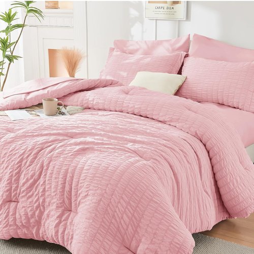 HYMOKEGE Pink Queen Comforter Set - 7-Piece All-Season Luxury Bedding in a Bag with Sheets & Pillowcases
